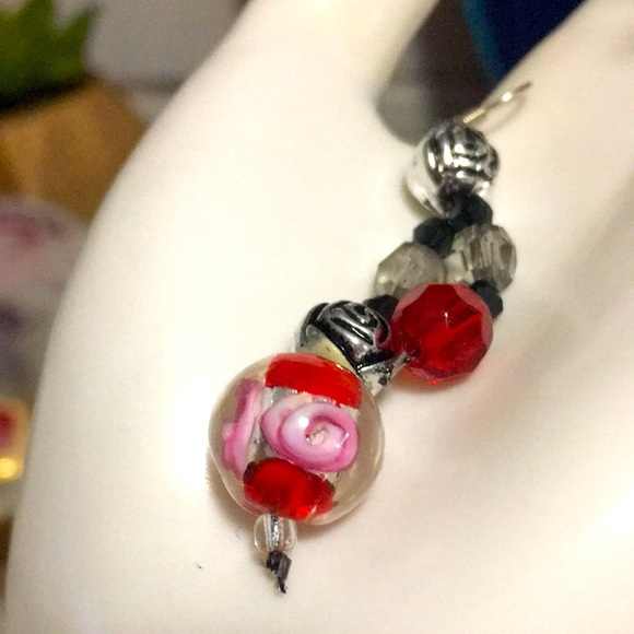 Red black clear BoHo OOAK glass retro pierced dangle sexy RETRO hippie earrings - Picture 15 of 17
